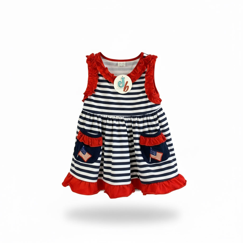 Girls Patriotic Flag Dress – Red, White & Blue Sleeveless Outfit with Ruffle Trim & Pocket Flags