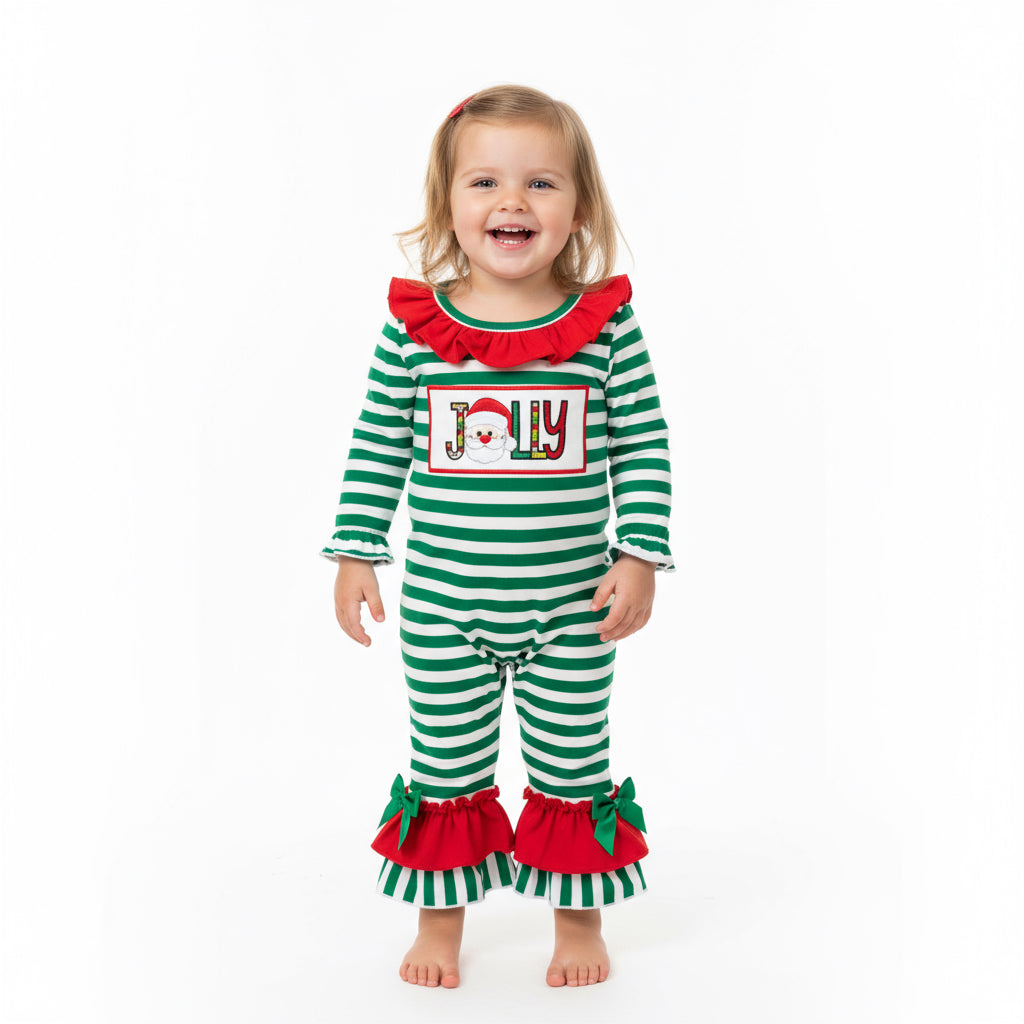 Girls Jolly Santa Stripe Romper – Green & White Holiday Outfit with Ruffle Cuffs and Santa Patch