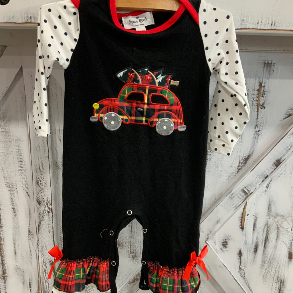 Girls Christmas Plaid Car Romper – Holiday Ruffle Outfit with Tree Appliqué