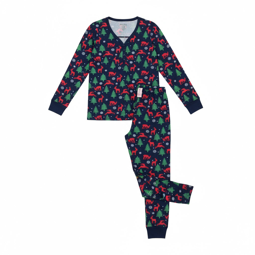 Women’s Navy Forest Christmas Pajama Set – Holiday Sleepwear with Moose, Foxes & Pine Trees