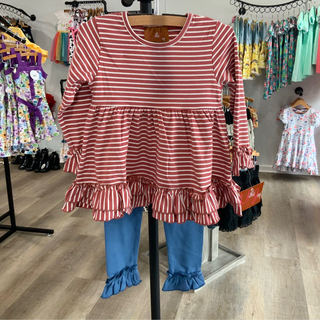 Girls Mila Ruffle Stripe Outfit – Red & White Long Sleeve Dress with Blue Leggings Set