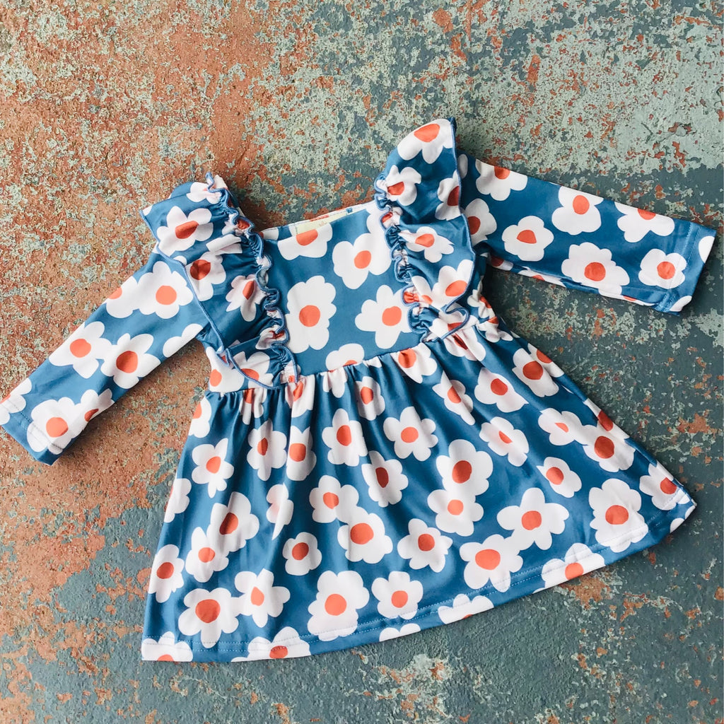 Girls Daisy Ruffle Dress – Blue & Orange Floral Long Sleeve Boutique Dress