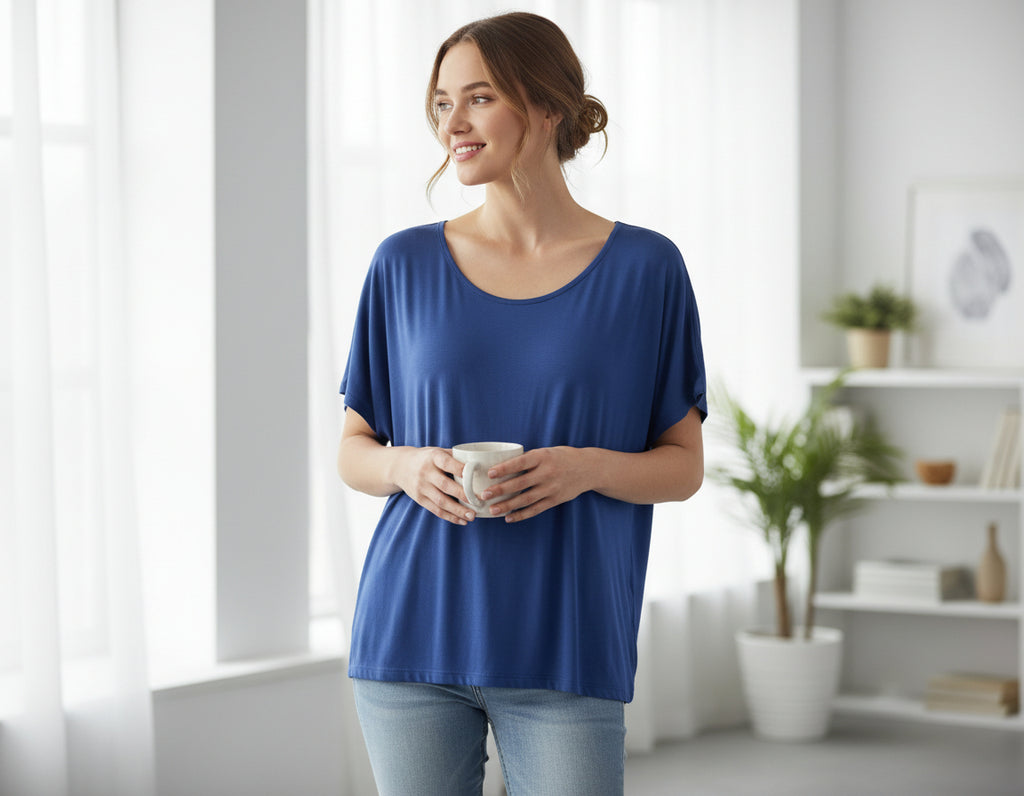 Women’s Side-Ruched Rayon Top – Blue Scoop Neck Short Sleeve Blouse with Flattering Fit