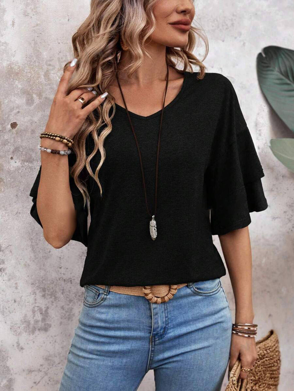 Solid Color V-neck Double-layer Sleeve Short Sleeved Top