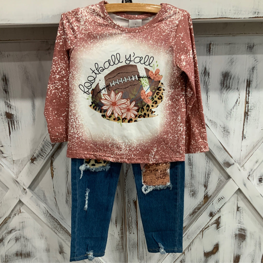 Girls Football Outfit – “Football Y’all” Graphic Top & Sequin Distressed Jeans Set