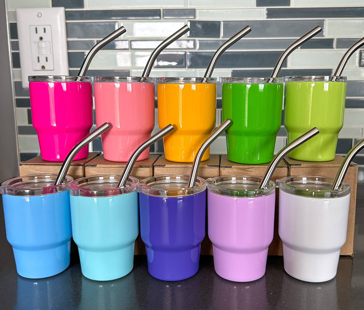 3 Oz. Tumbler Shot Glass with Metal Straw and Lid: Purple