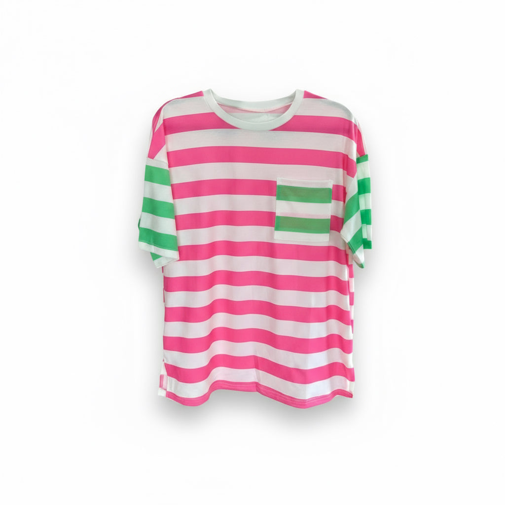 Patch pink/green drop sleeve t-shirt