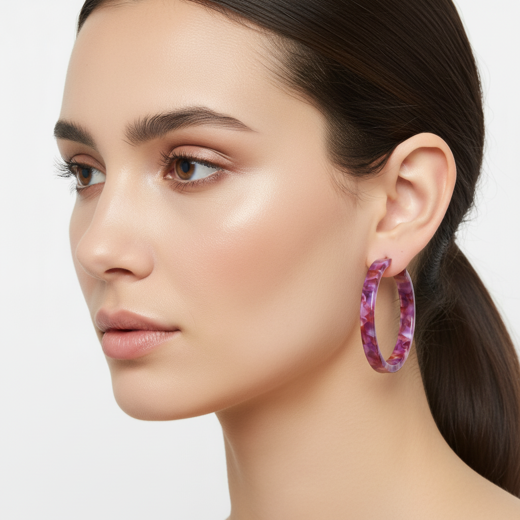 Ashley Medium 50mm Hoop Earrings – Lightweight Cellulose Acetate with Hypoallergenic Posts (Pink Marble)