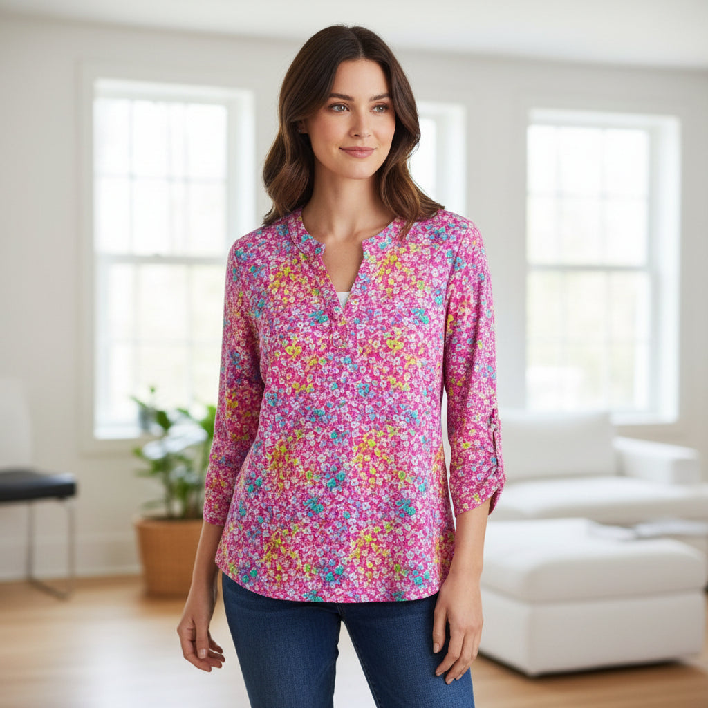 Women’s Lizzy Floral V-Neck Top – Pink & Aqua Long Sleeve Blouse with Lightweight Drape