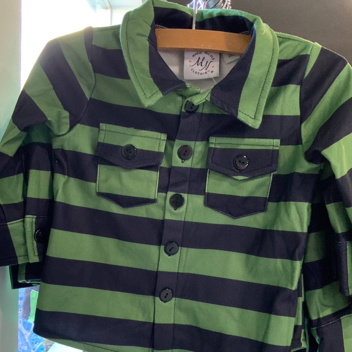 Green & Black Stripe Pocket Button Up