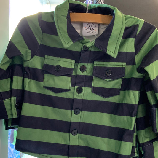 Green & Black Stripe Pocket Button Up