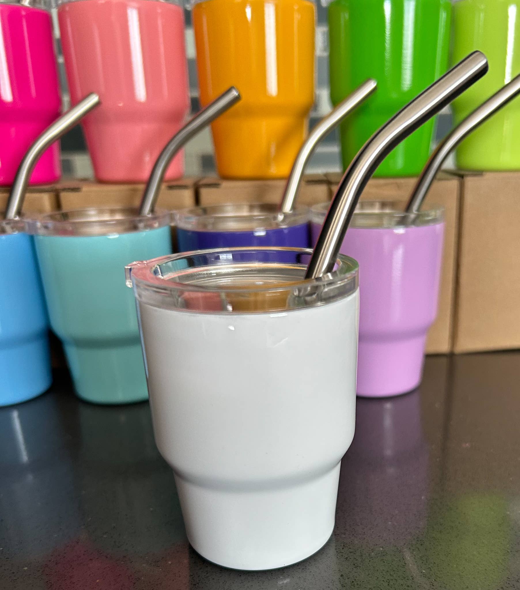 3oz Stainless Steel Mini Tumbler Shot Glass – Colorful Lid & Metal Straw (Travel & Party Essential)