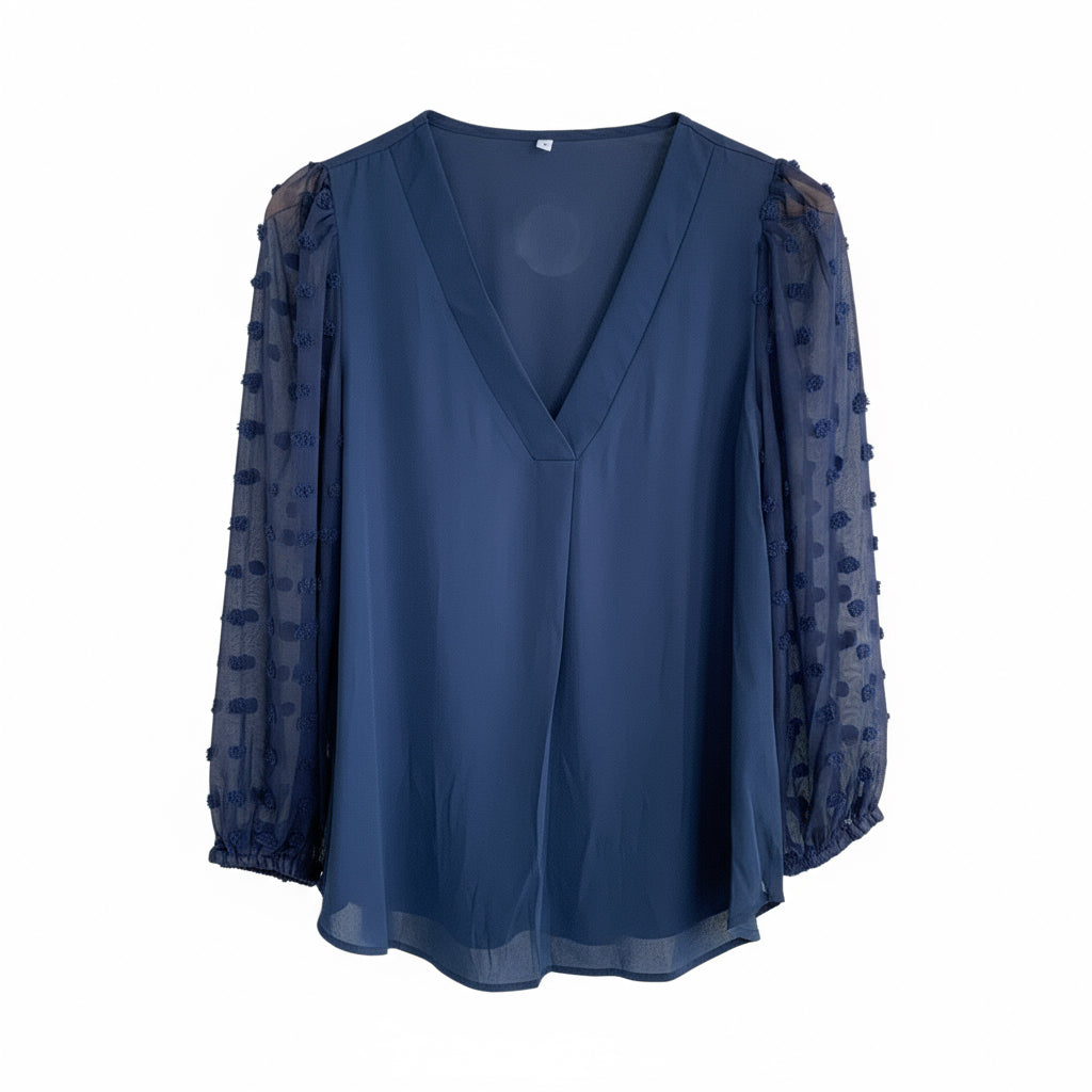 Navy Silk Chiffon Puff Sleeve Blouse – Sheer Polka Dot Sleeve Top with V-Neck for Women