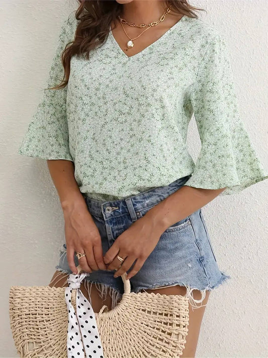 V-neck Floral Short Sleeved Top