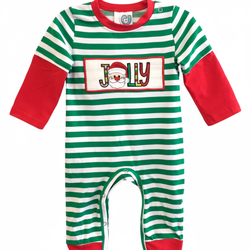 Jolly Santa Stripe Christmas Romper – Green & White Baby Outfit with Red Sleeves