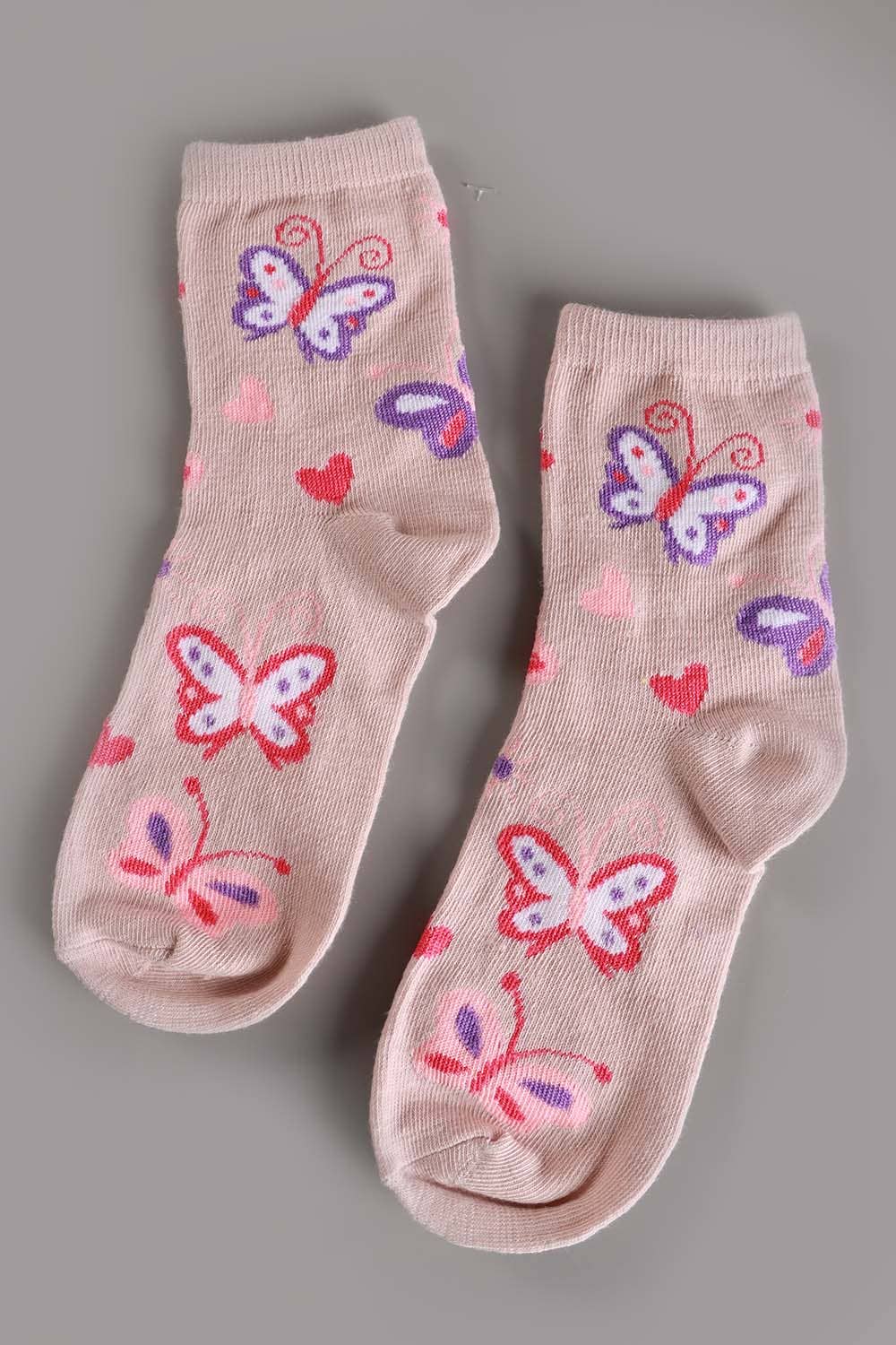 Girls’ Princess Crew Socks – 3-Pack Butterfly, Heart & Crown Designs (Size 4–6 Kids)