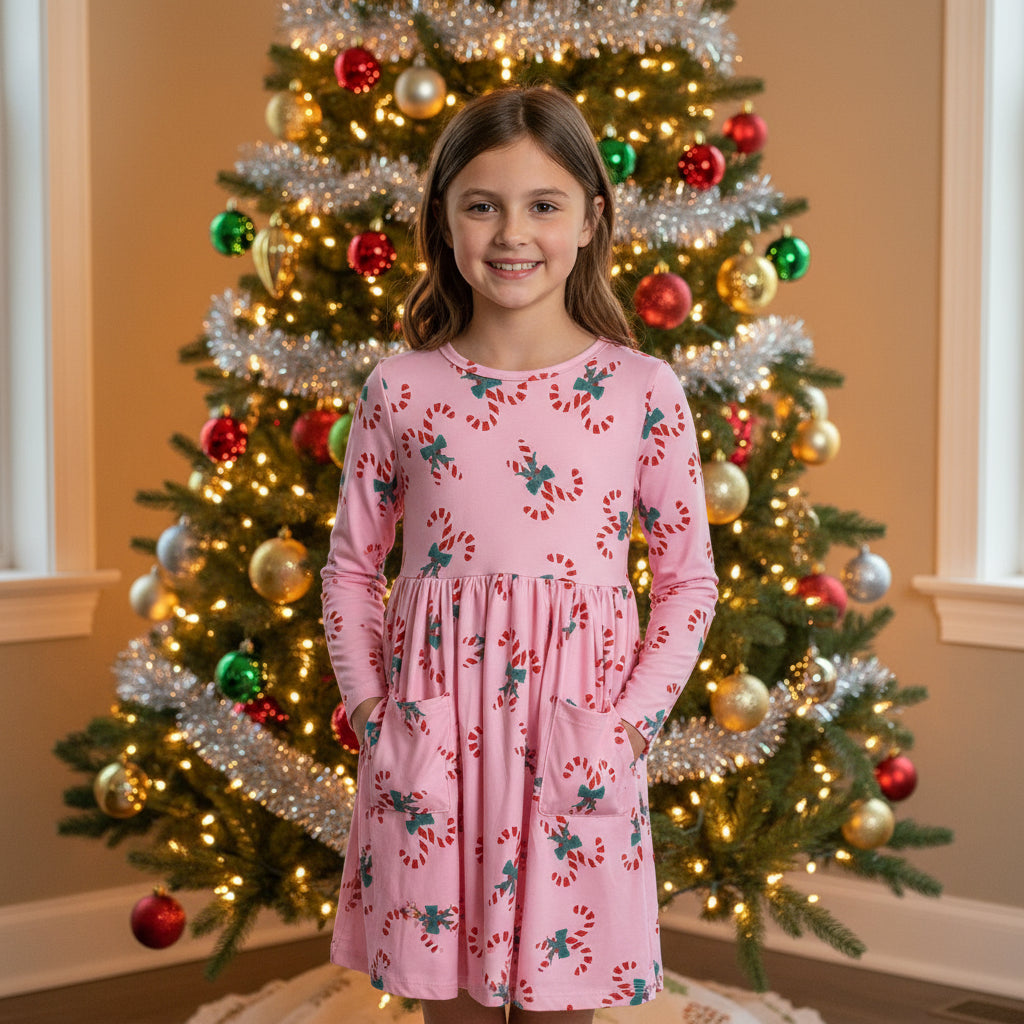 Girls Candy Cane Twirl Dress – Pink Holiday Outfit with Green Bows & Front Pockets