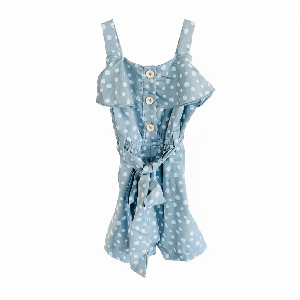 Girls Polka Dot Ruffle Jumpsuit – Sleeveless Green One-Piece with Belt & Button Front