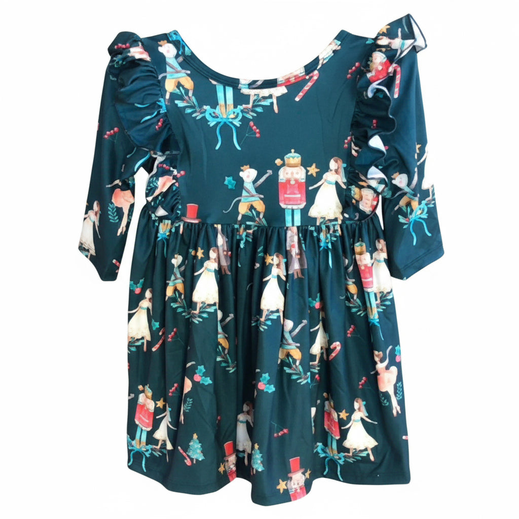 Girls Nutcracker Ballet Christmas Twirl Dress – Teal Holiday Outfit with Ruffle Sleeves & Festive Print