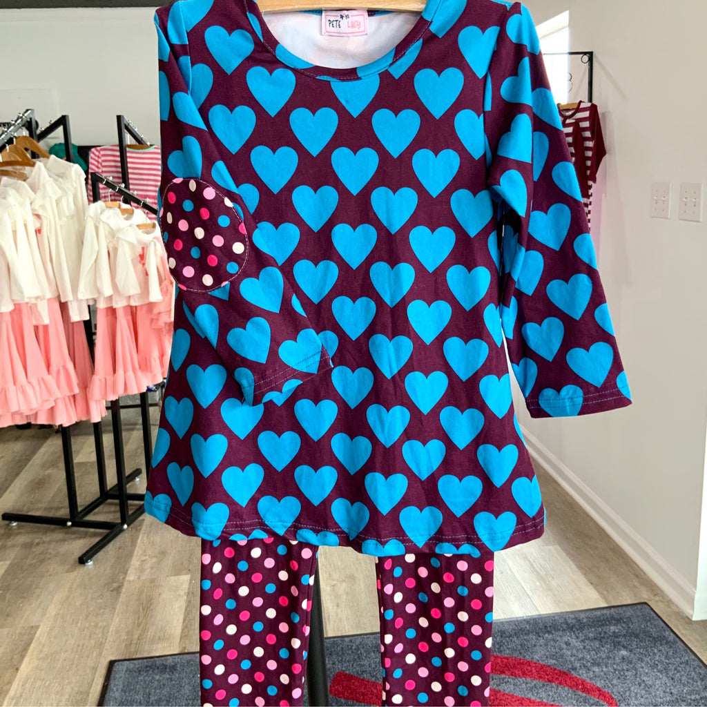 Girls Heart & Polka Dot Playwear Set – Long Sleeve Top & Colorful Leggings