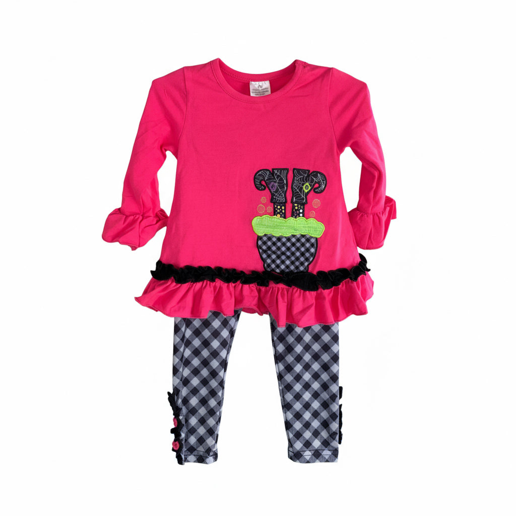 Girls Witch’s Stew Halloween Outfit – Pink Ruffle Top & Gingham Bow Leggings Set
