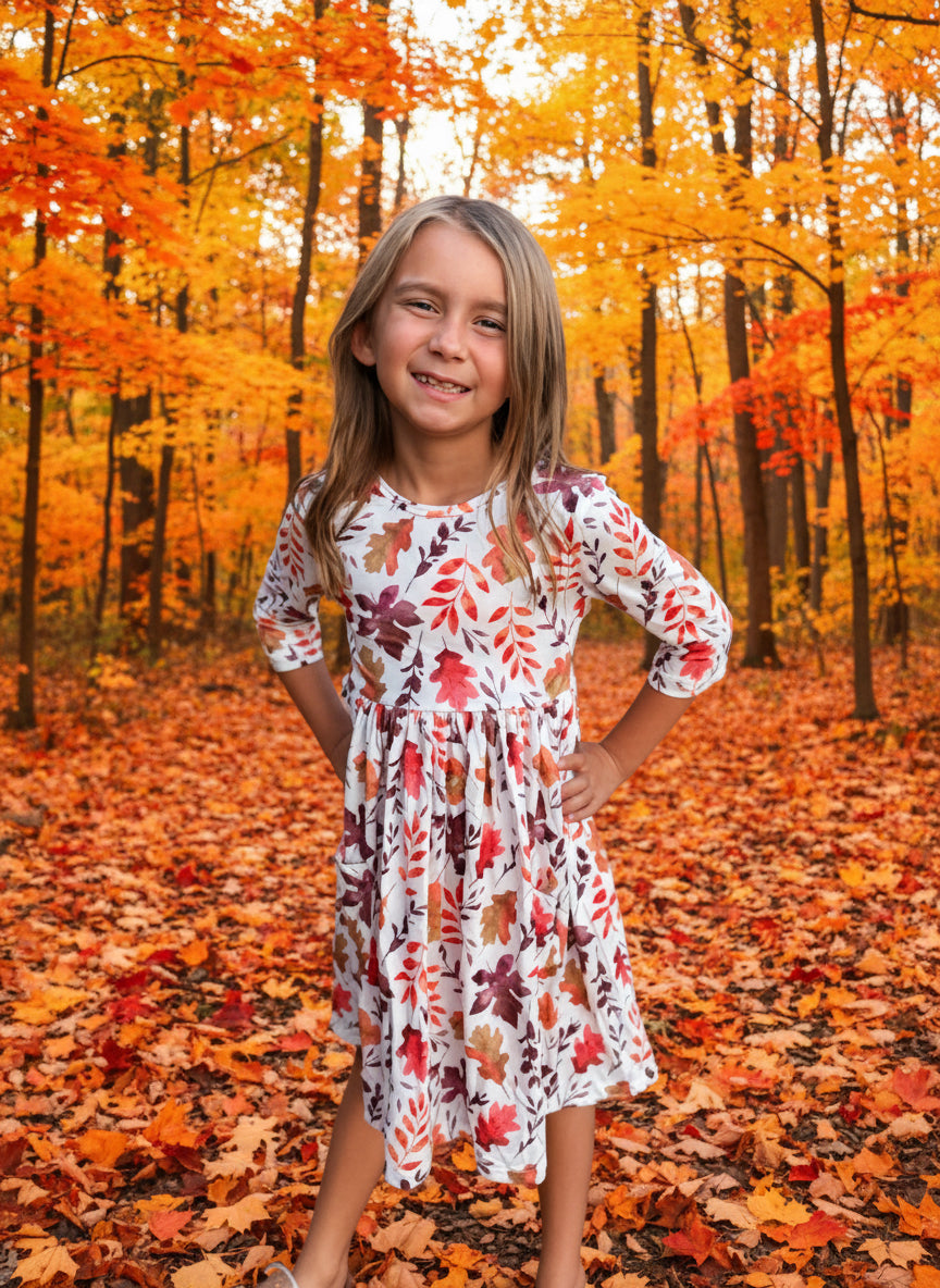 Girls' Autumn Twirl Dress – Falling Leaves Print in Lightweight Stretch Fabric