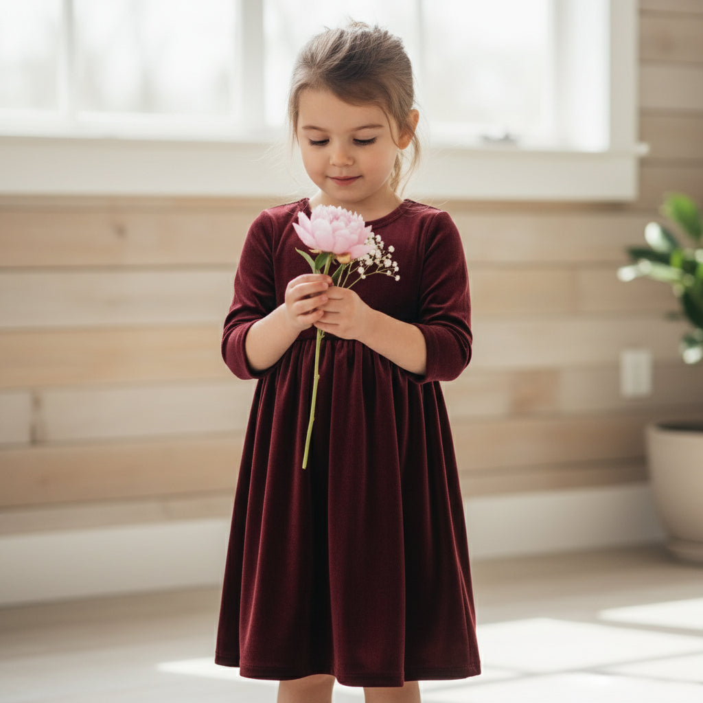 Maroon velvet dress on a white background