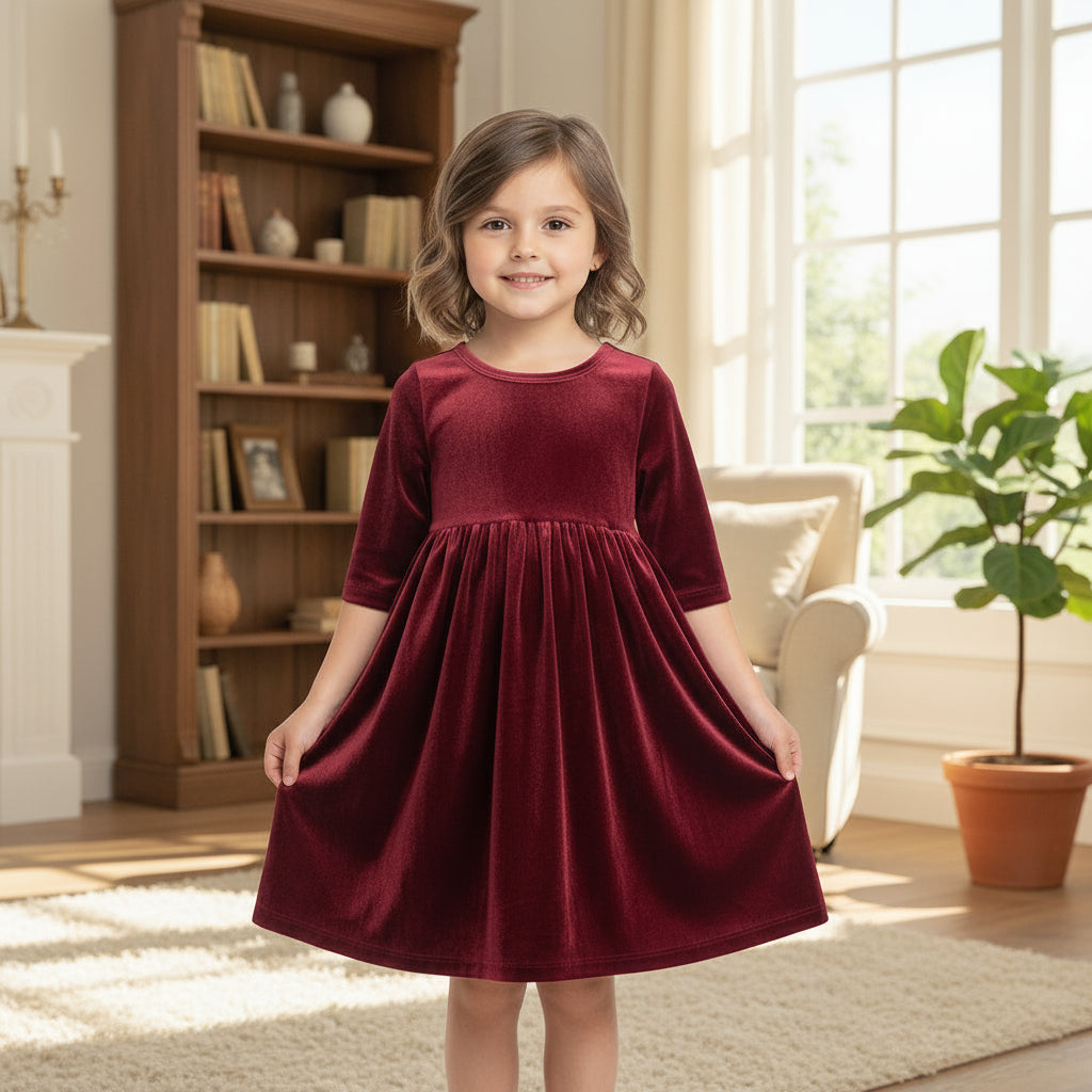Girls’ Cranberry Velvet Twirl Dress – Holiday Party Dress with Elbow Sleeves & Full Skirt