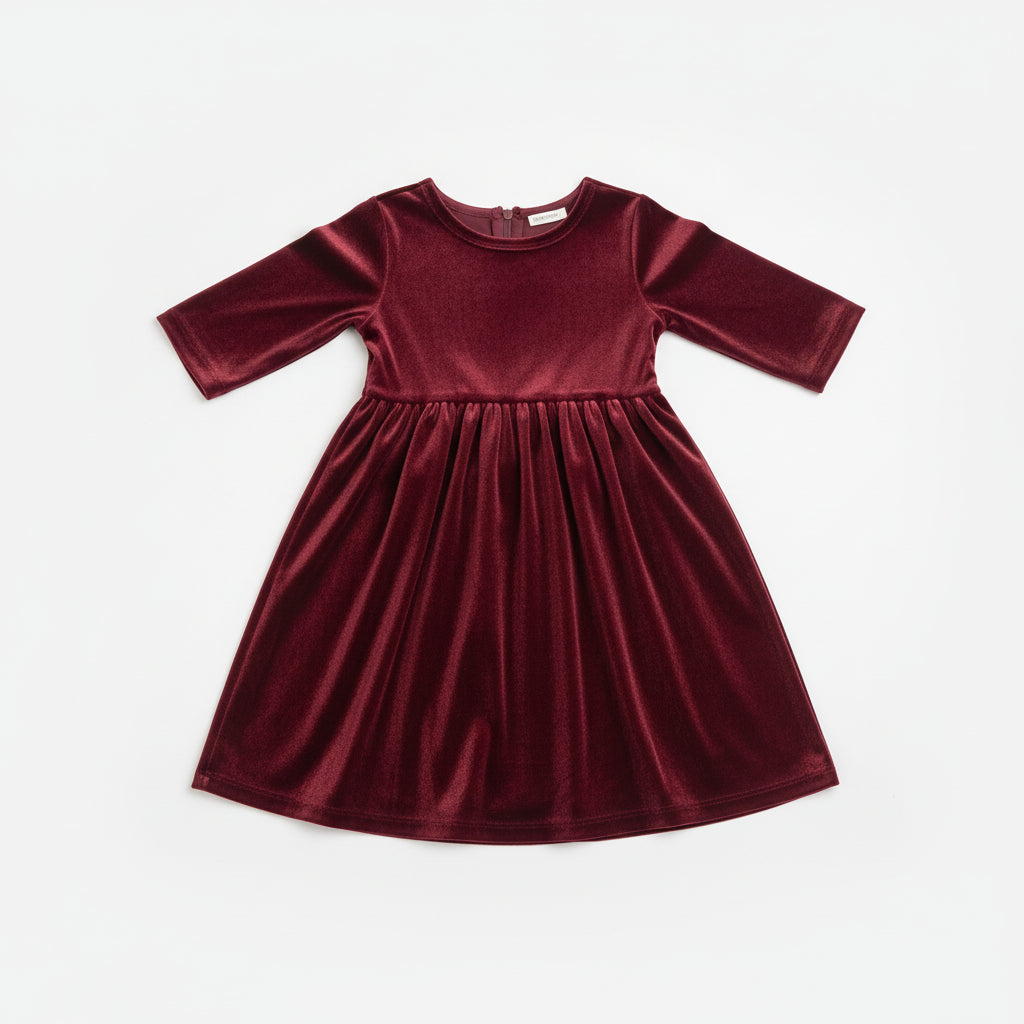 Girls’ Cranberry Velvet Twirl Dress – Holiday Party Dress with Elbow Sleeves & Full Skirt