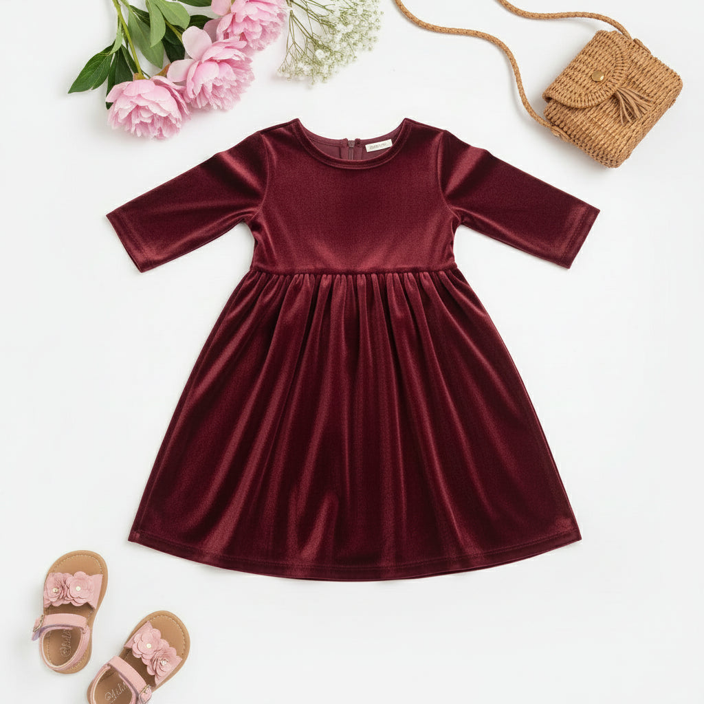 Girls’ Cranberry Velvet Twirl Dress – Holiday Party Dress with Elbow Sleeves & Full Skirt