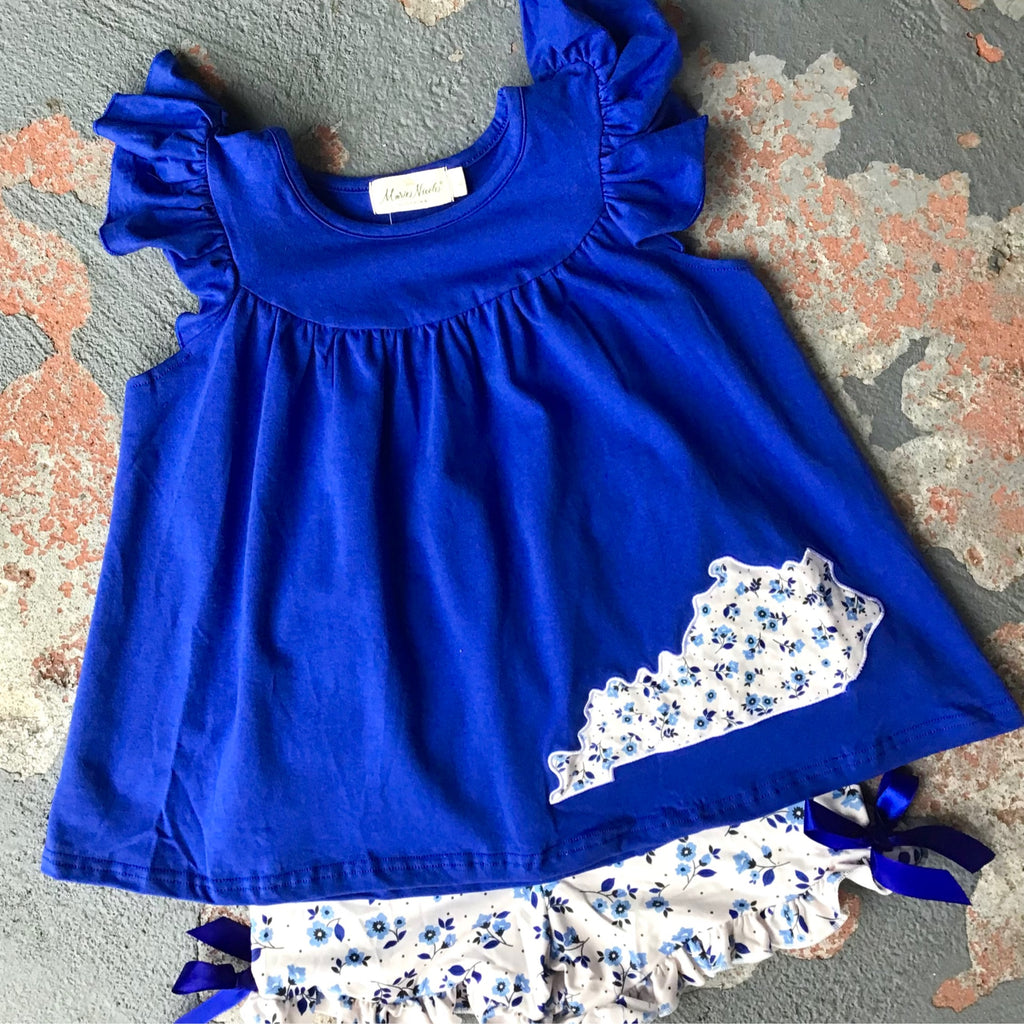 Girls Kentucky Blue Floral Ruffle Set – Sleeveless Dress with State Patch & Matching Bloomers