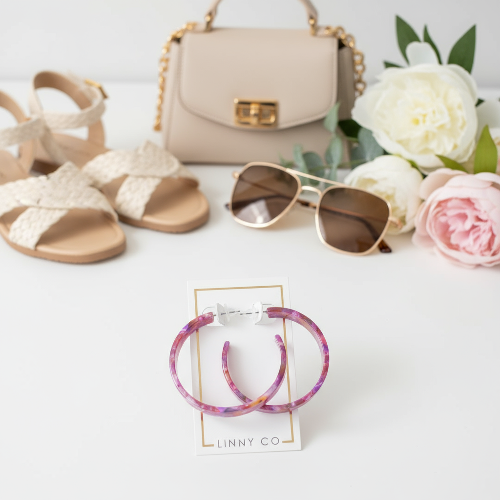 Pair of marbled hoop earrings on a LINNY CO branded card.