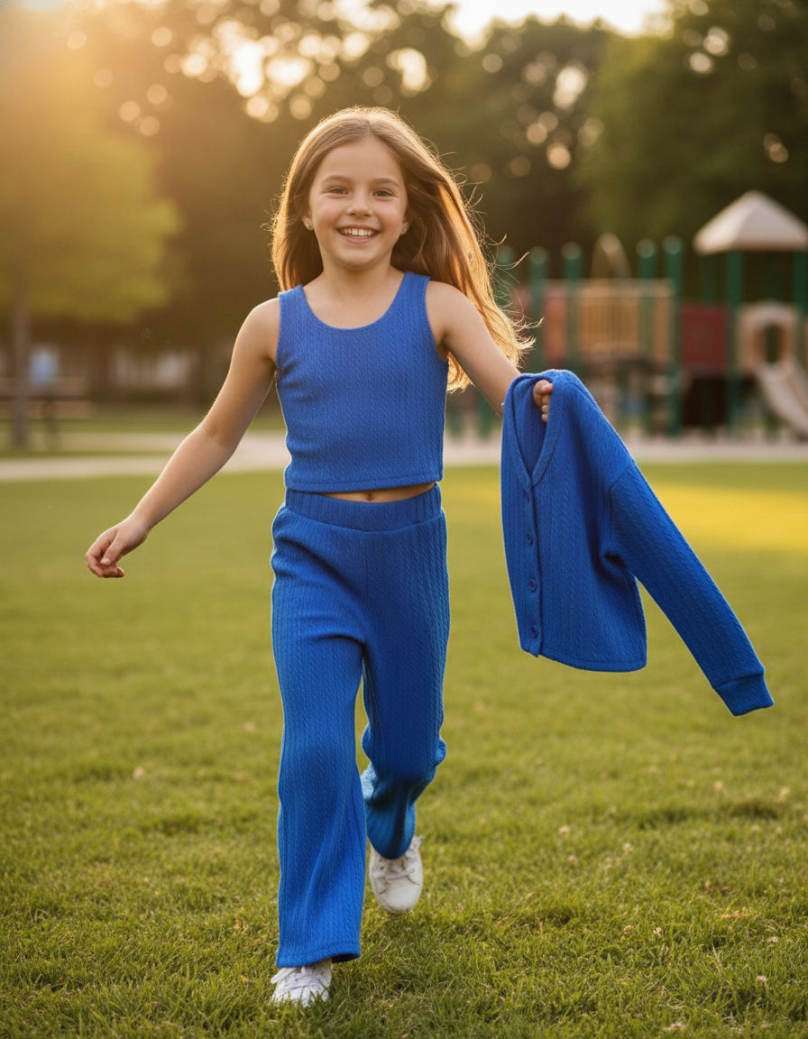 Blue ribbed long-sleeve top, tank top, and pants on a white background