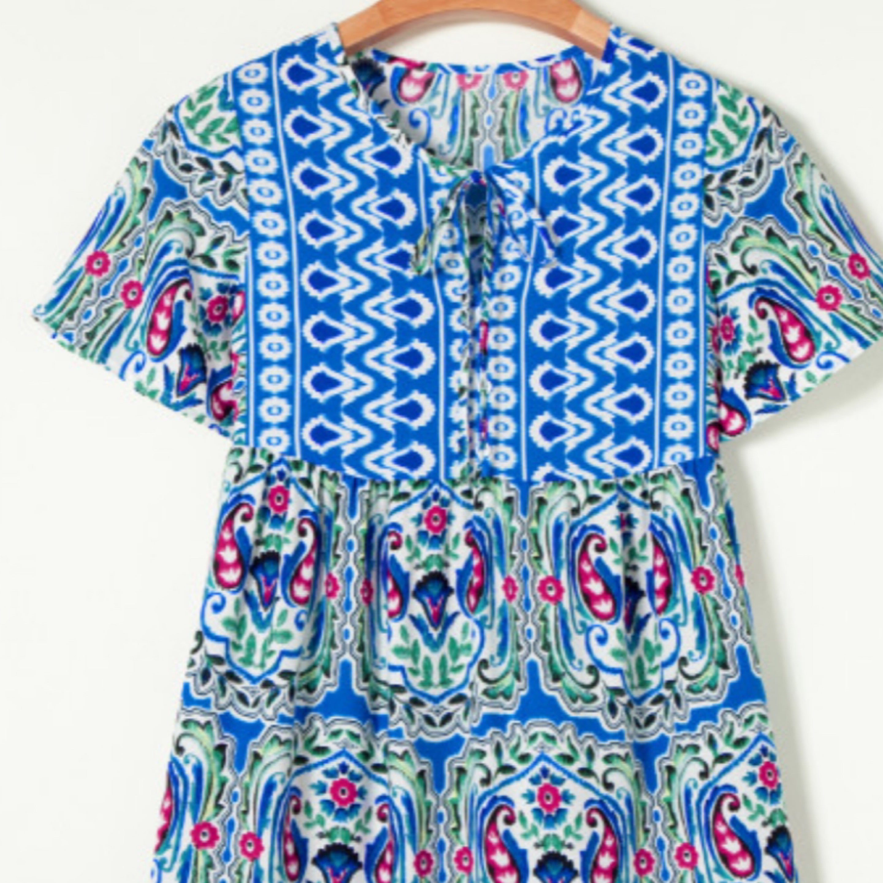 Sky Blue Bohemian Print Tie Dress