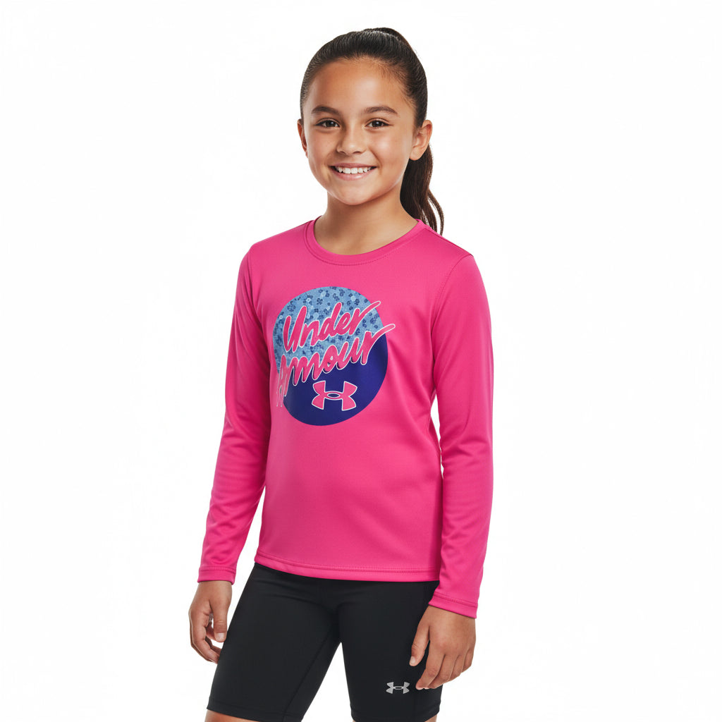 Girls Under Armour Signature Long Sleeve Set – Pink Logo Tee & Black Shorts Outfit