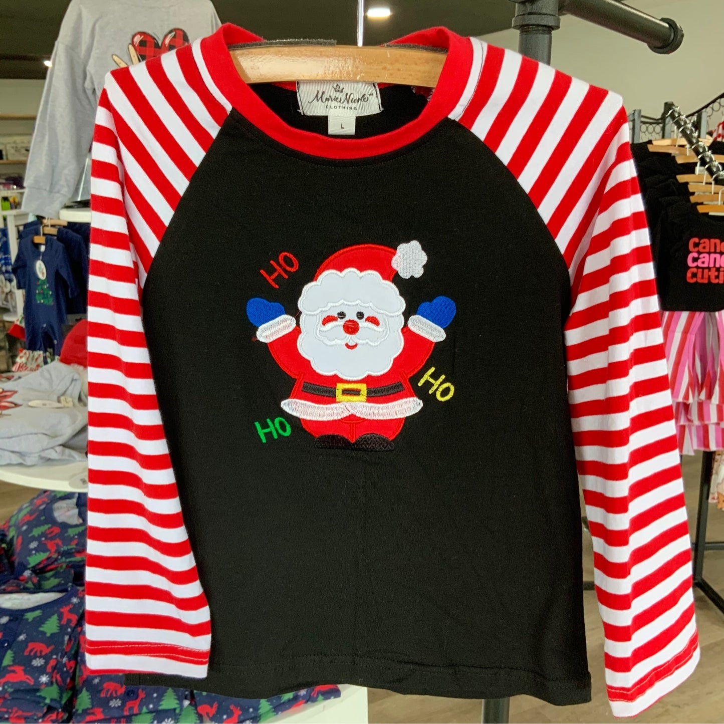 Red Striped Black Raglan Santa Shirt (HO HO)