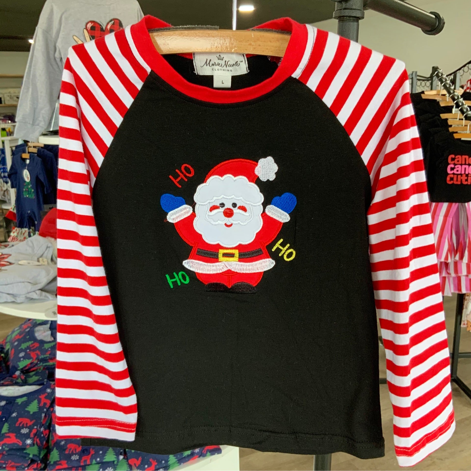 Red Striped Black Raglan Santa Shirt (HO HO)
