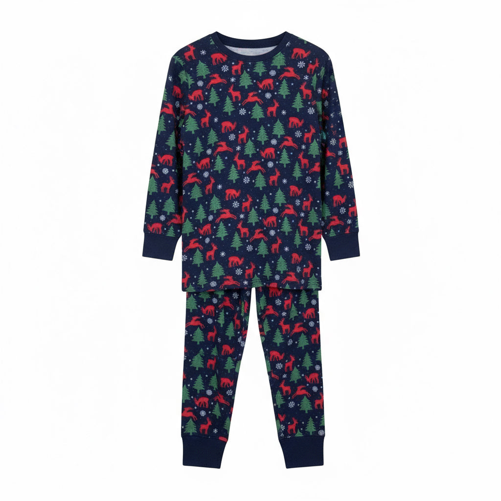 Men’s Navy Forest Christmas Pajama Set – Holiday Sleepwear with Red Moose, Bears & Pine Trees