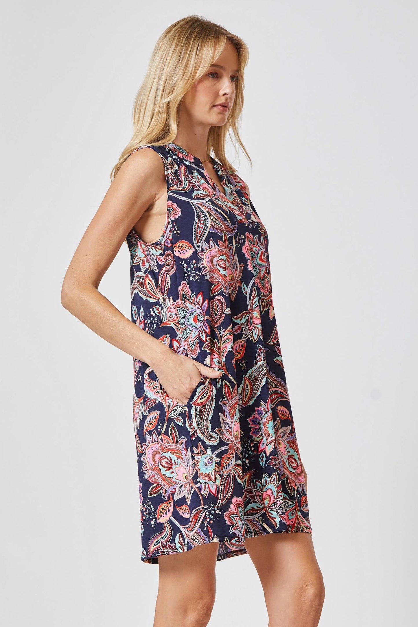 Tank Dress Featuring a Line Bodice: Navy Multi, M