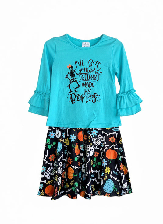 Girls Halloween Skeleton Outfit – “Feeling Inside My Bones” Ruffle Top & Printed Pants Set