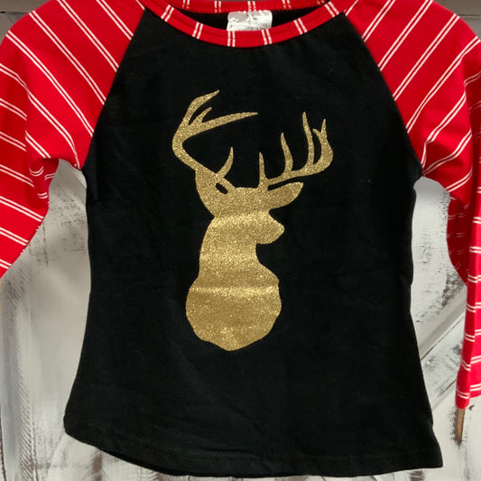 Red stripe sleeves gold deer