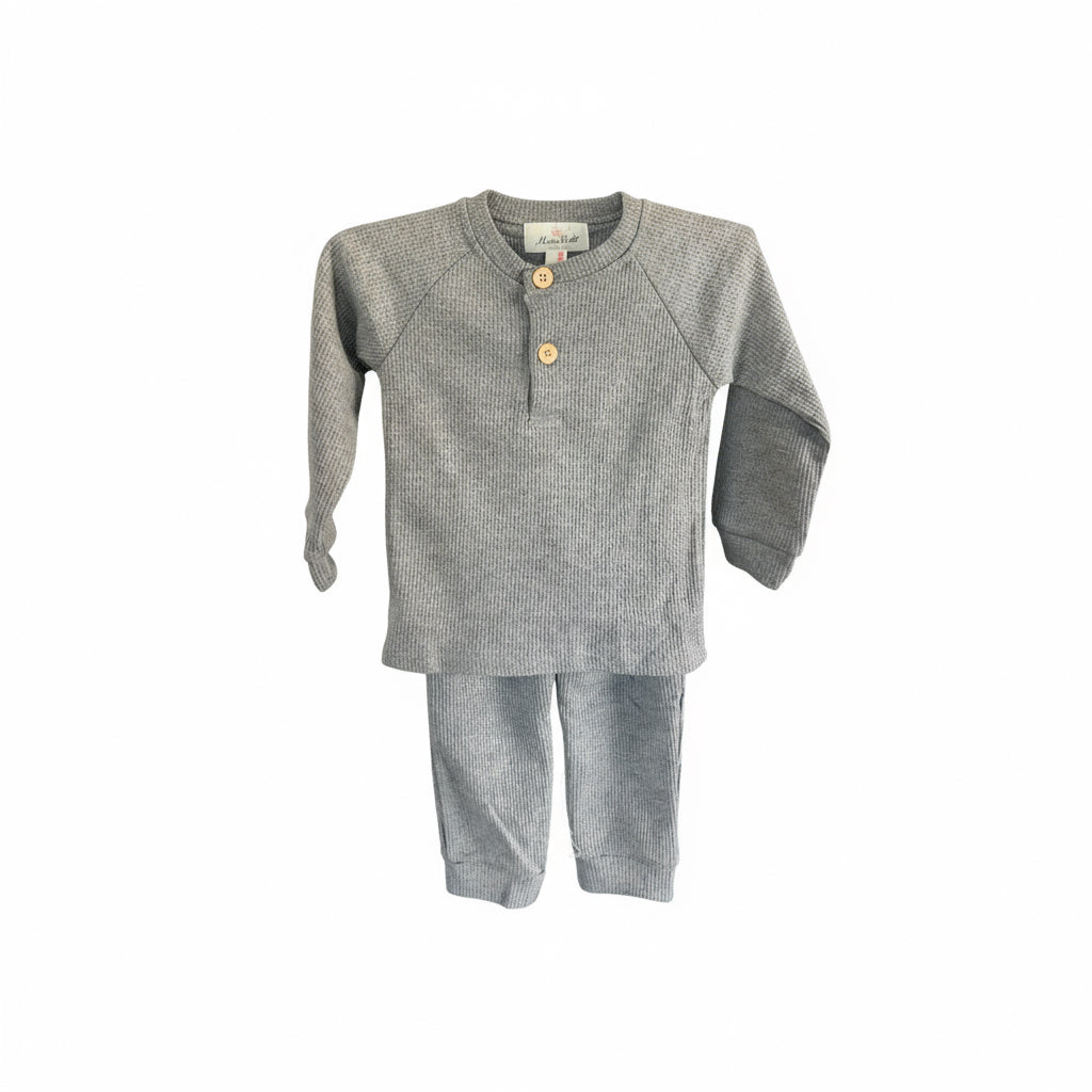 Unisex Grey Waffle Knit Lounge Set – Long Sleeve Henley Top & Jogger Pants for Toddlers