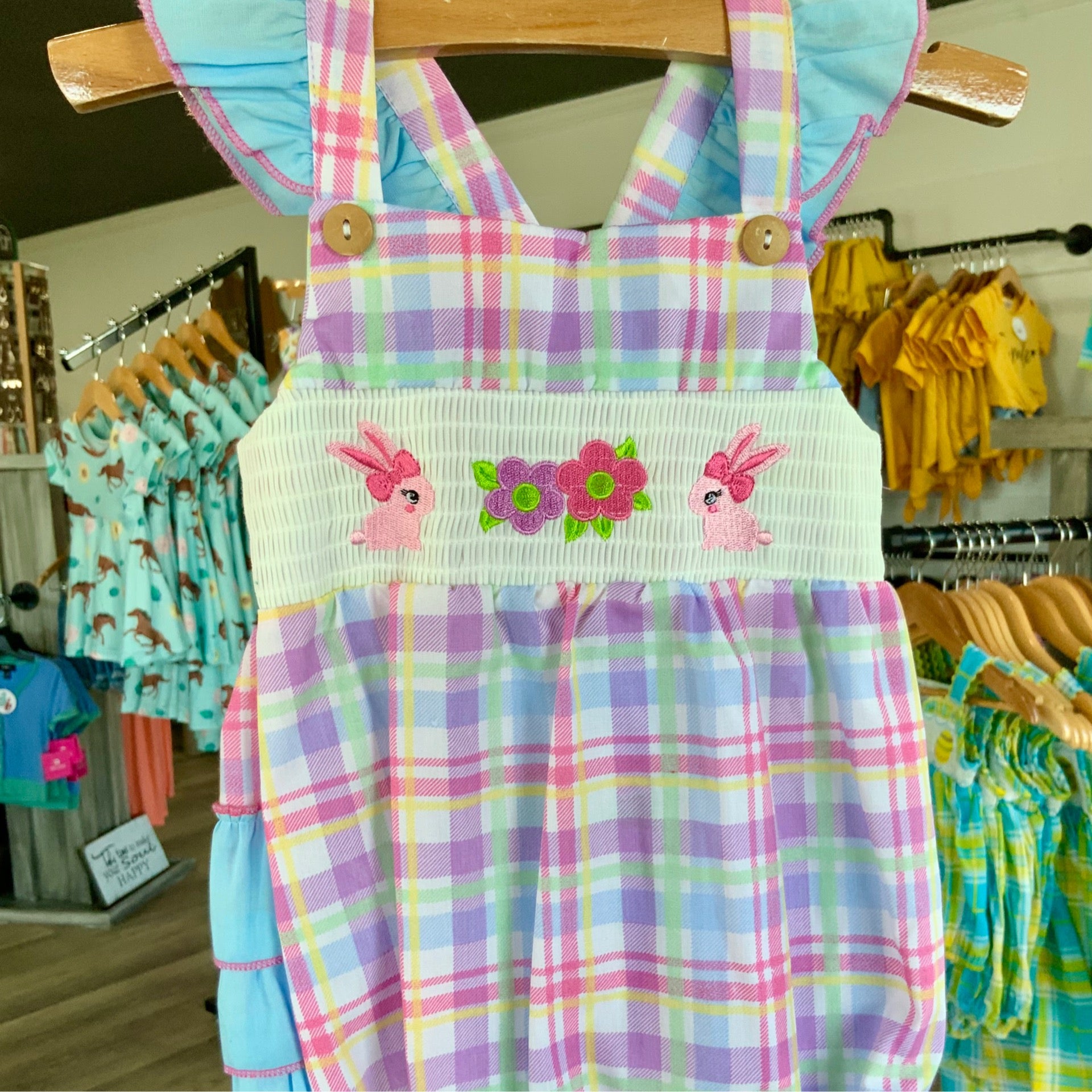 Girls Easter Bunny Bubble Romper – Pastel Plaid with Ruffle Trim & Embroidery