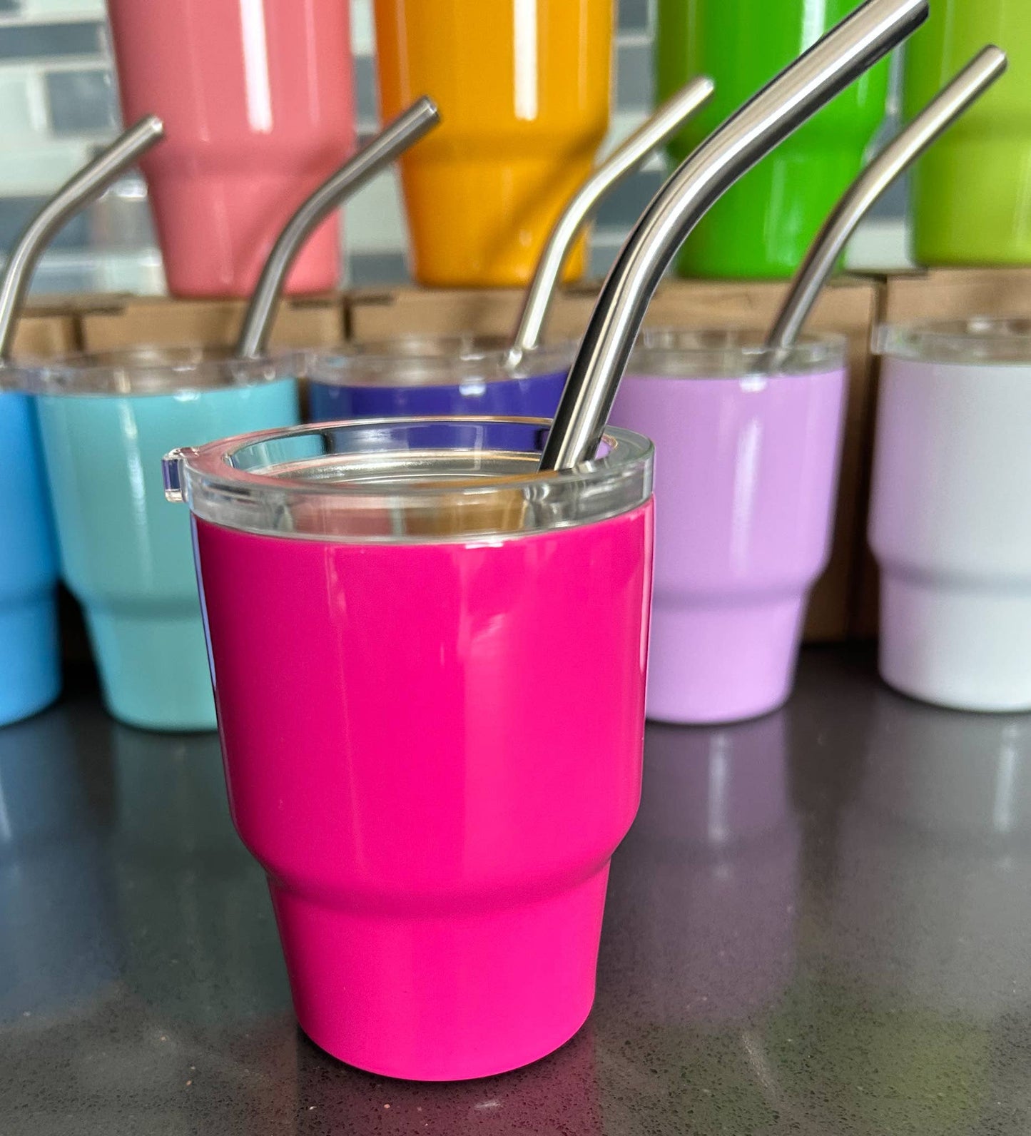 3 Oz. Tumbler Shot Glass with Metal Straw and Lid: Hot Pink
