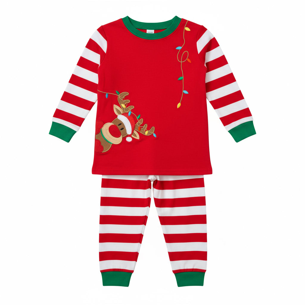 Boys Reindeer Raglan Pajama Set – Red & White Striped Holiday PJs with Christmas Graphic Top