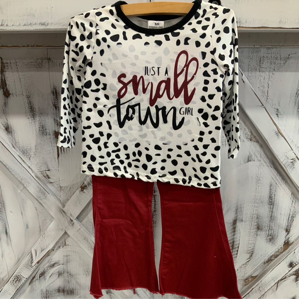 Girls “Just a Small Town Girl” Outfit – Leopard Print Graphic Top & Red Flare Pants Set