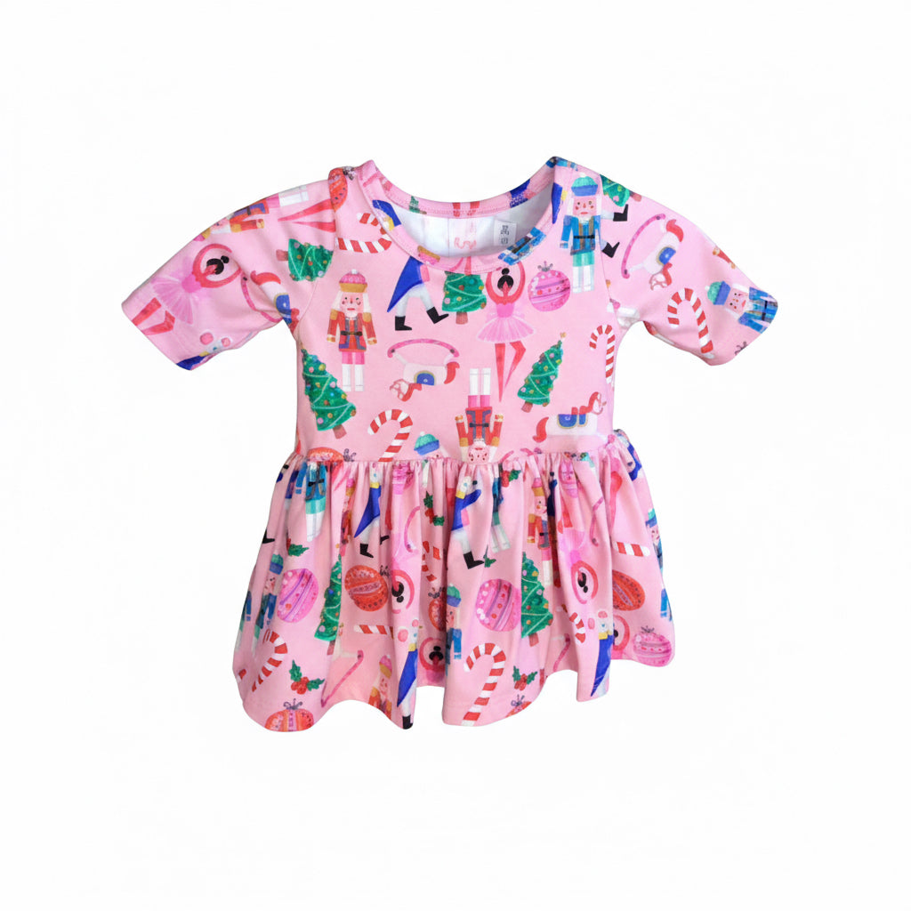 Girls Sugarplum Fairy Twirl Bodysuit – Pink Holiday Dress with Nutcracker Print & Flared Skirt