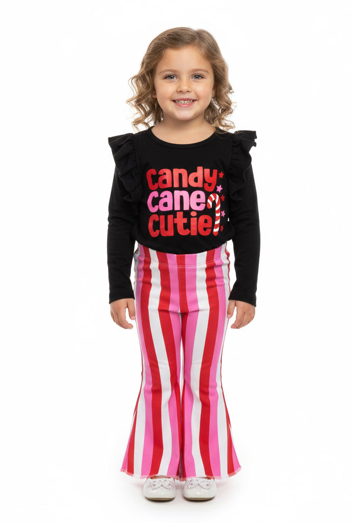 Girls Candy Cane Cutie Christmas Outfit – Black Ruffle Top & Pink/Red Striped Bell Bottom Pants Set
