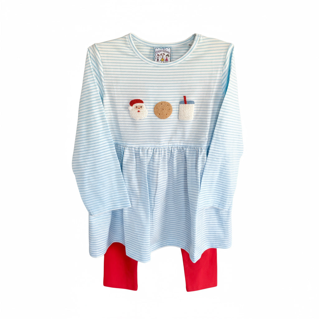 Girls Milk & Cookies Christmas Outfit – Striped Santa Dress with Red Leggings Set