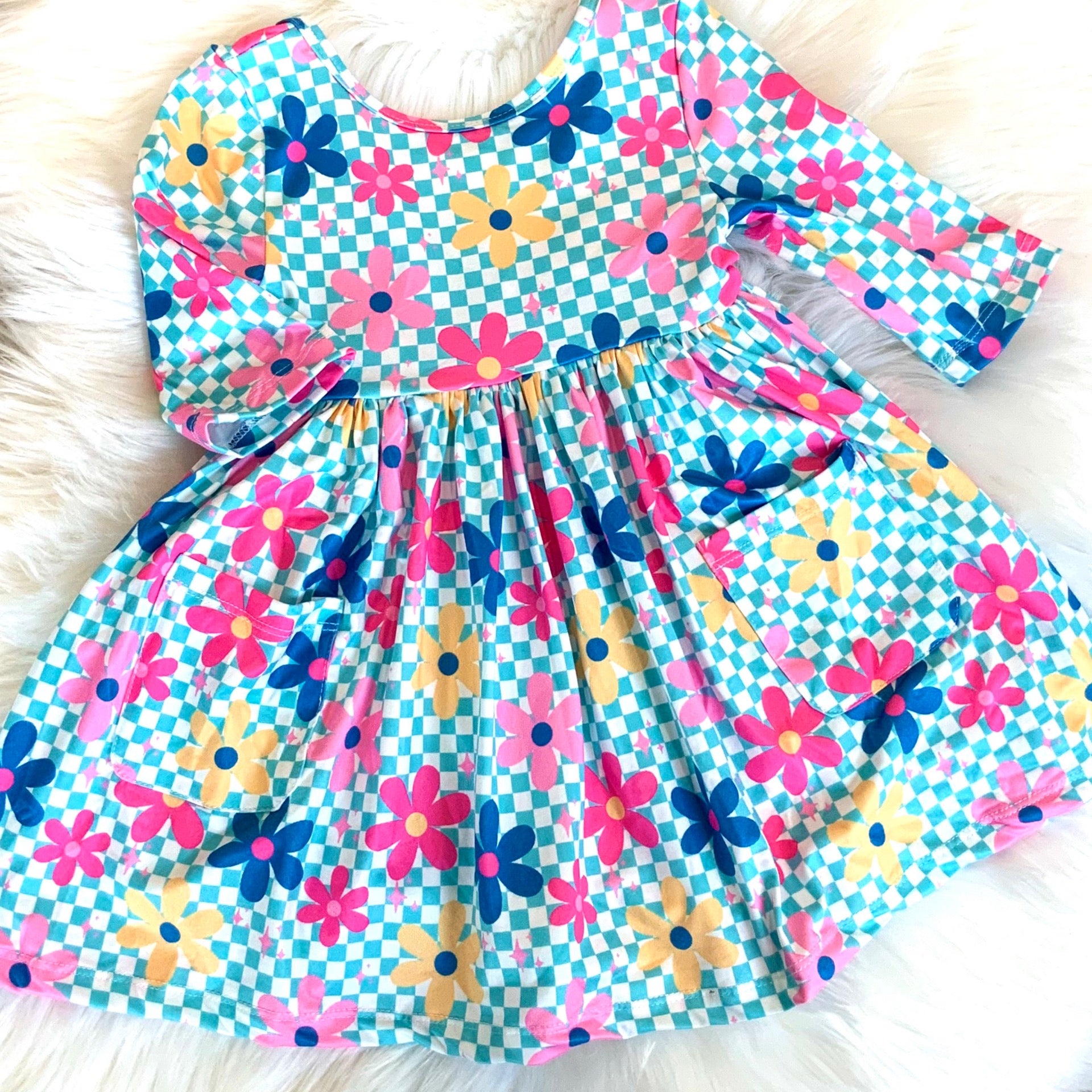 Girls Crazy Daisy Twirl Dress – Blue Gingham Floral Long Sleeve Dress for Spring & Summer